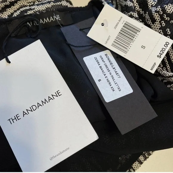 ANDAMANE Bonnie Zebra Bianca Sequin Wrap Dress, Black/Silver, Small - Picture 9 of 9